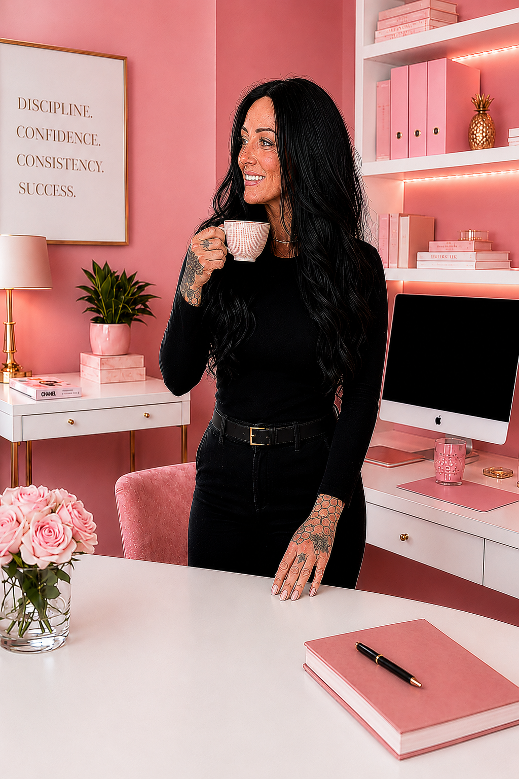 Melissa standing in her pink office holding coffee