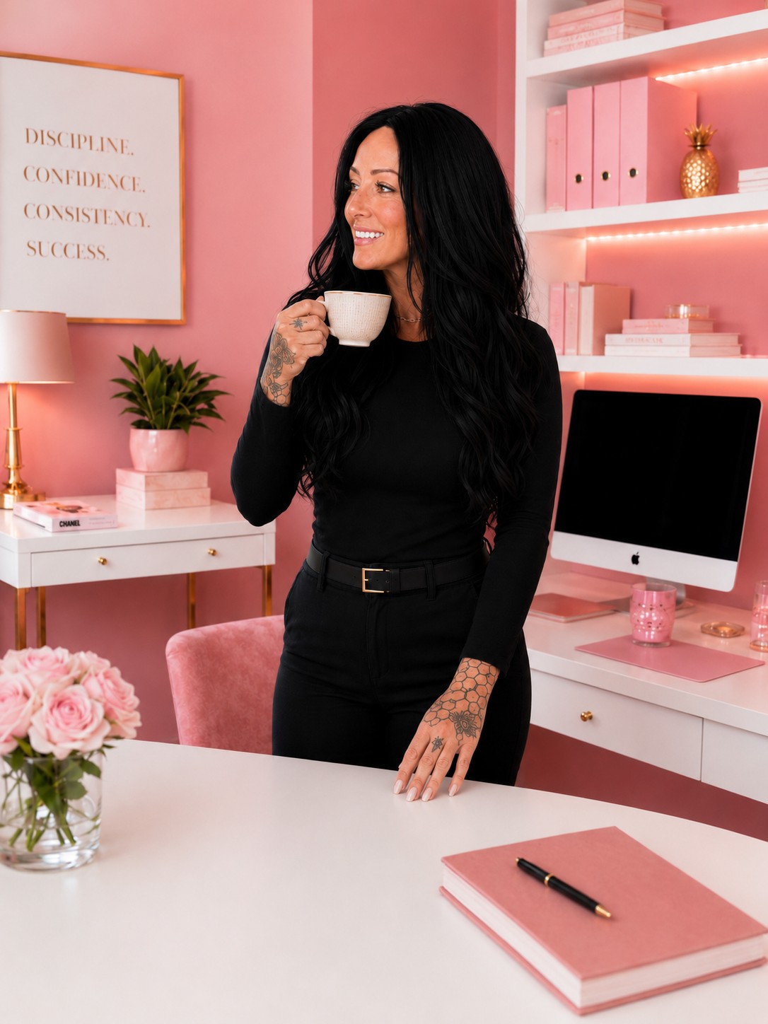 Melissa holding a coffee in her pink Business Bestie office