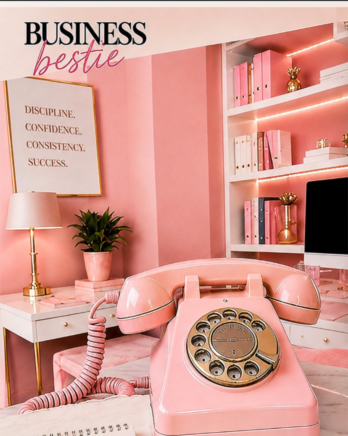 Pink Business Bestie office with a vintage telephone